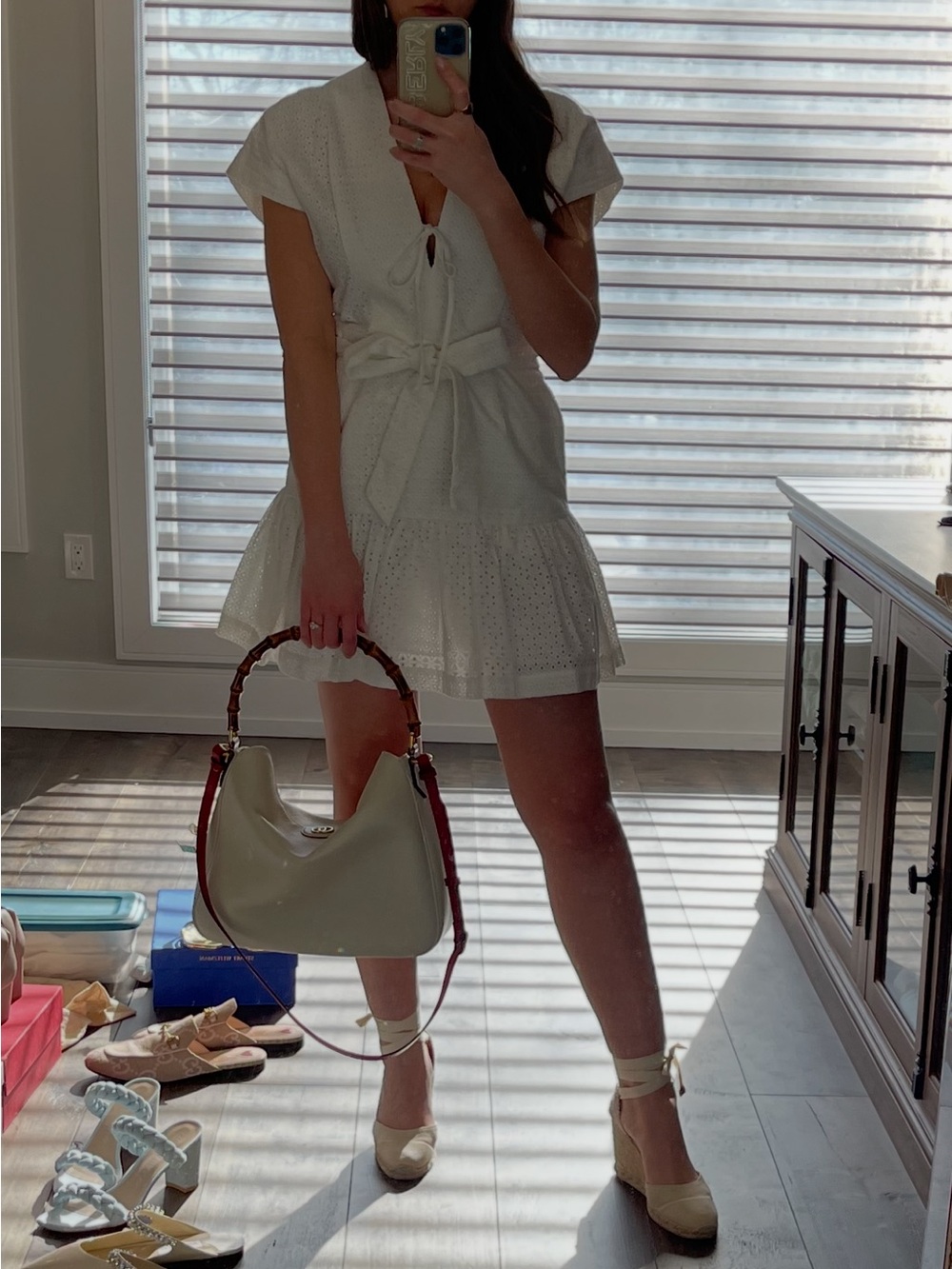 Rebecca Vallance Ivory Eyelet Tie-Waist Mini Dress